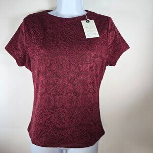 NWT T-Shirt Womens Floral Stretch Soft Chantilly Lace Burgundy Short Sleeve Sz L